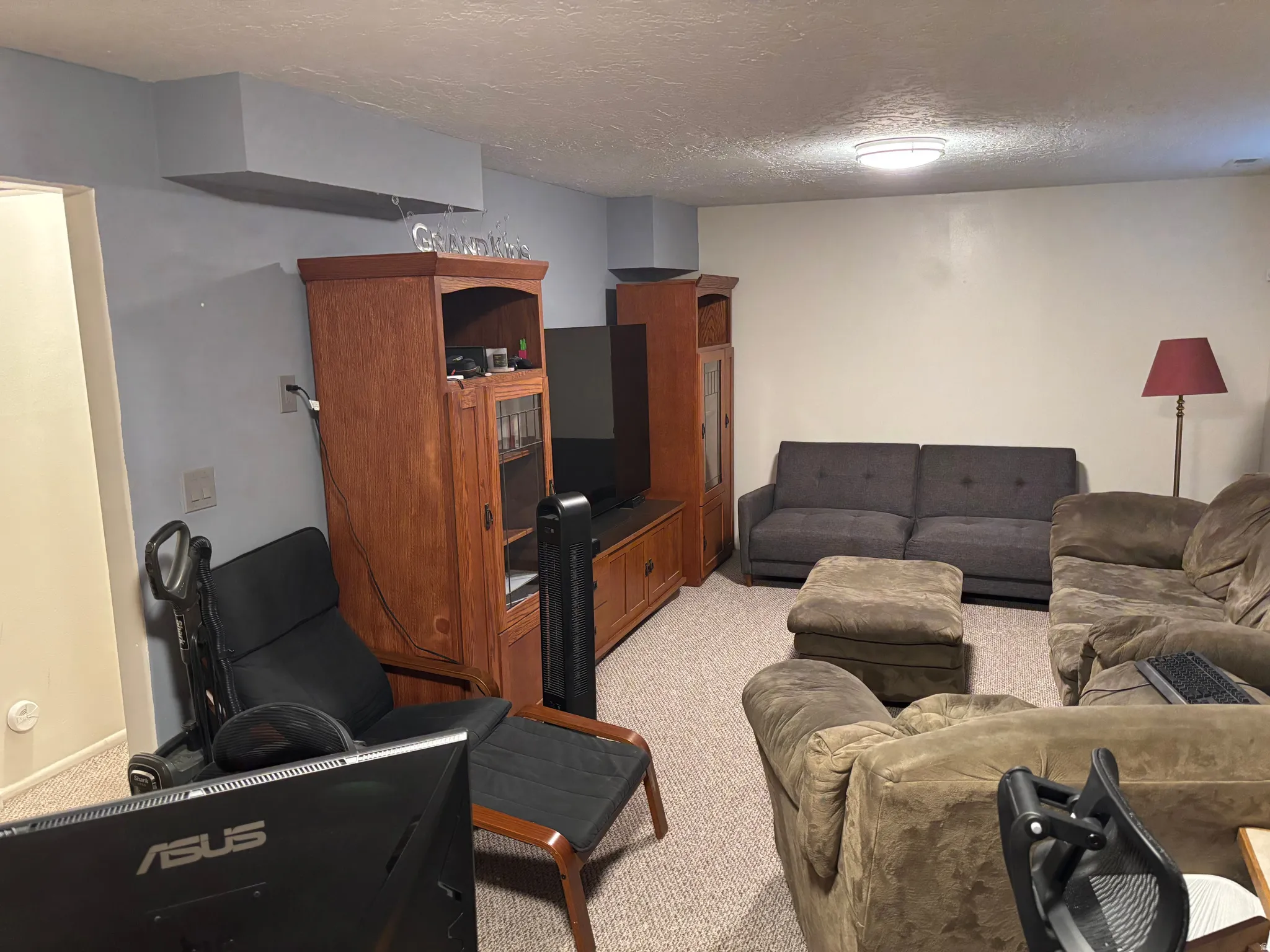 Carpeted living area with light-colored walls and a drop ceiling