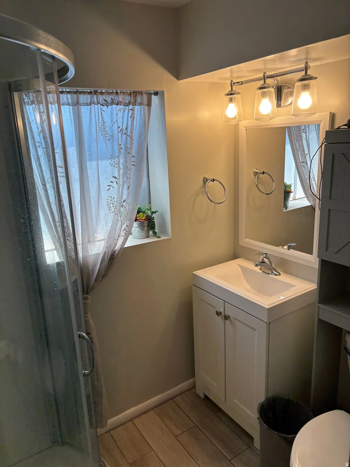 Bathroom with a glass-enclosed shower, wood-finish flooring, single vanity with a white basin, rectangular mirror, and a three-light vanity fixture