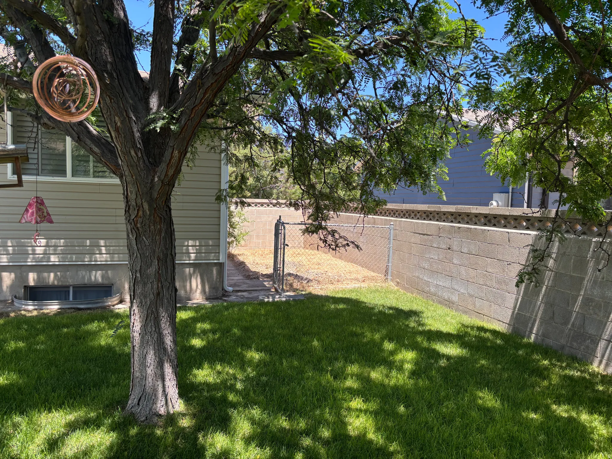 Expansive backyard featuring a manicured lawn, mature shade tree, concrete block retaining wall, and chain link fencing