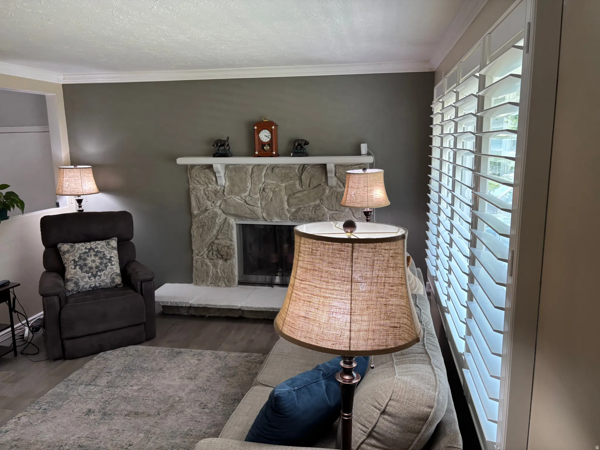Living area featuring a stone-faced fireplace with a white mantel, wood-finish flooring, and crown molding