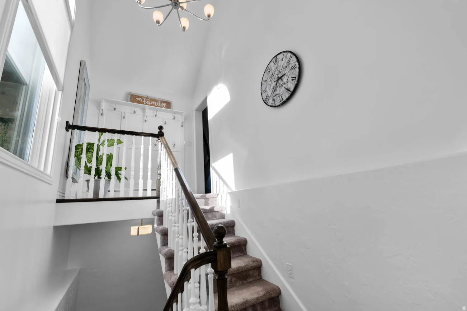 Multi-level staircase featuring carpeted treads, white balusters, and a dark wood handrail