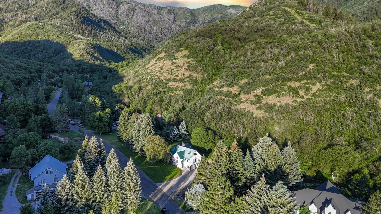 Mountain property featuring a white residence with a green roof, surrounded by mature evergreen trees