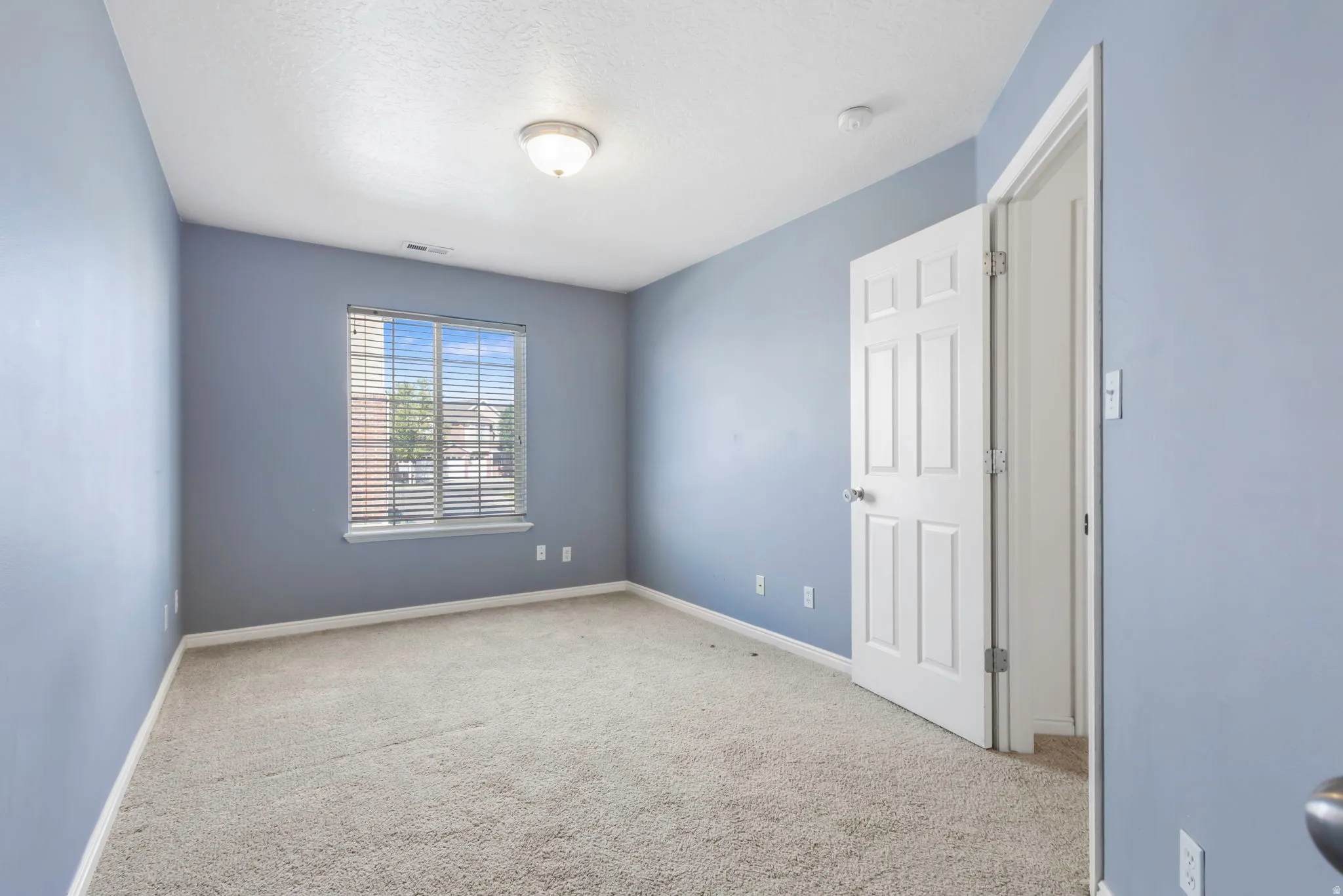 Carpeted room with a window featuring horizontal blinds, white baseboards, and a flush mount ceiling light fixture