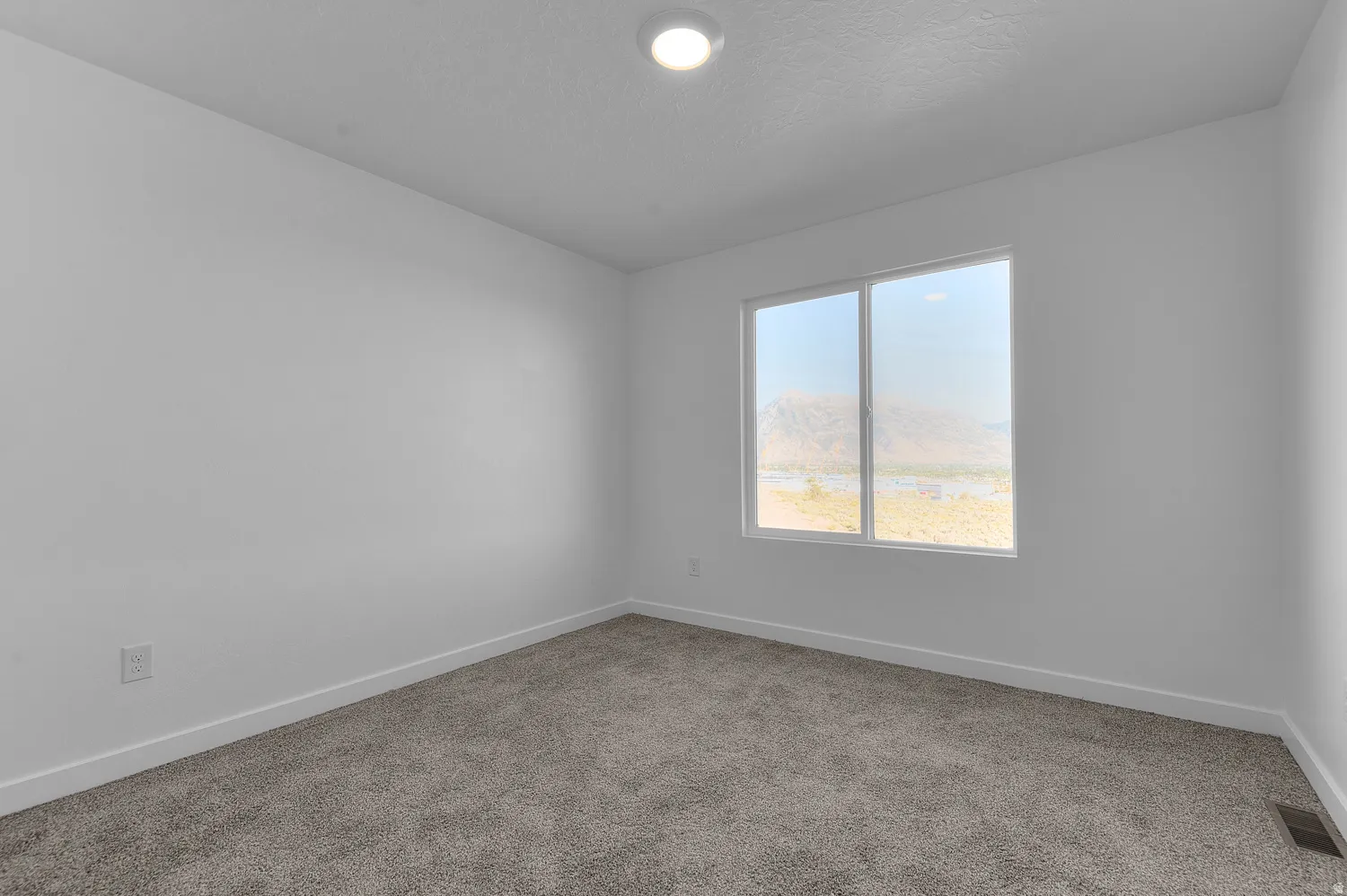 Spacious room featuring neutral carpeting, white baseboards, a dual-pane window, and recessed lighting