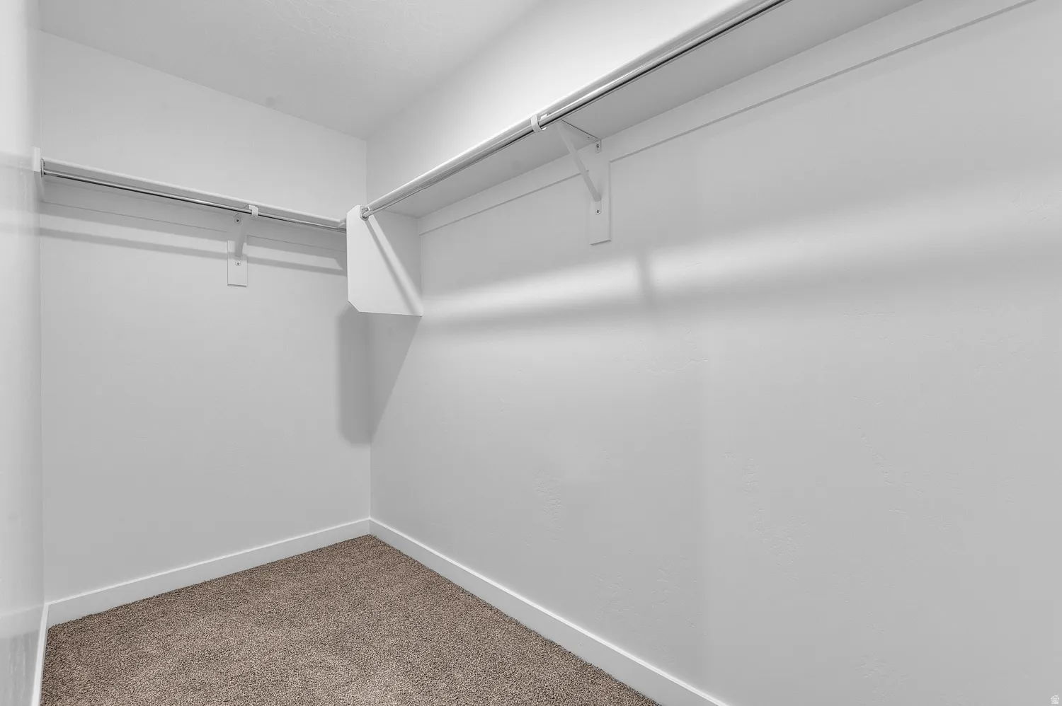 White-painted closet featuring carpet flooring, crisp white baseboards, and built-in shelving with hanging rods