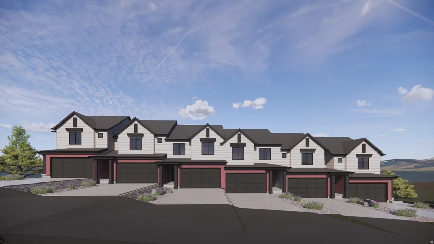 Contemporary townhome-style residences featuring light-toned siding, dark roofing, and contrasting port wine accent panels