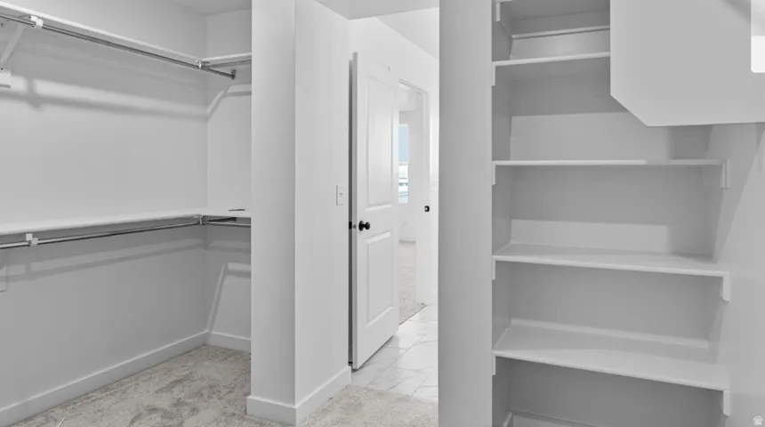 Walk-in closet featuring white walls, carpet flooring, chrome hanging rods, and built-in shelving