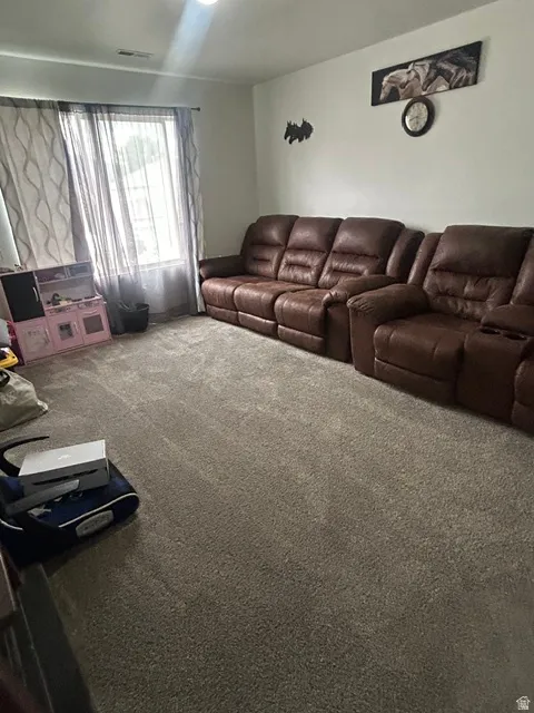 Carpeted living space with natural light from a large window