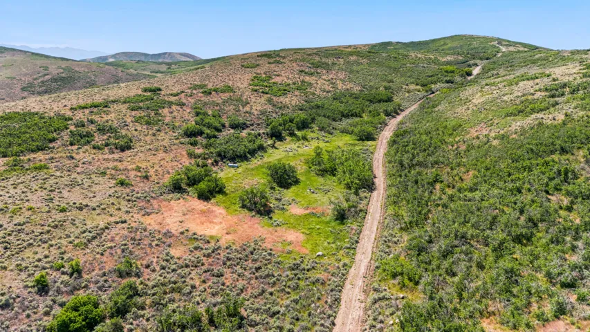 Expansive undeveloped land with a dirt road traversing rolling hills, featuring varied ground cover and distant mountain silhouettes under a clear sky