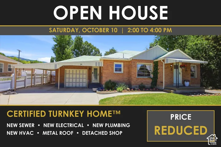 Real Estate Marketing Flyer. Highlighting an open house event for the property, along with listed property features and a price reduction notification