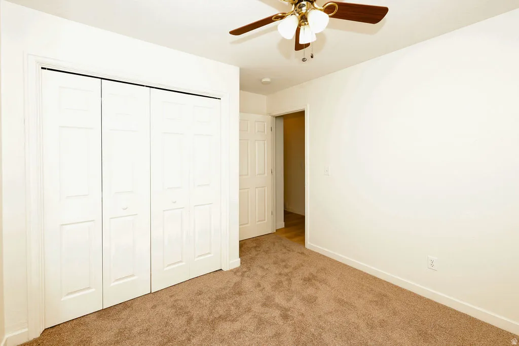 Neutral wall finishes with a ceiling fan light fixture, bifold closet doors, and carpet flooring