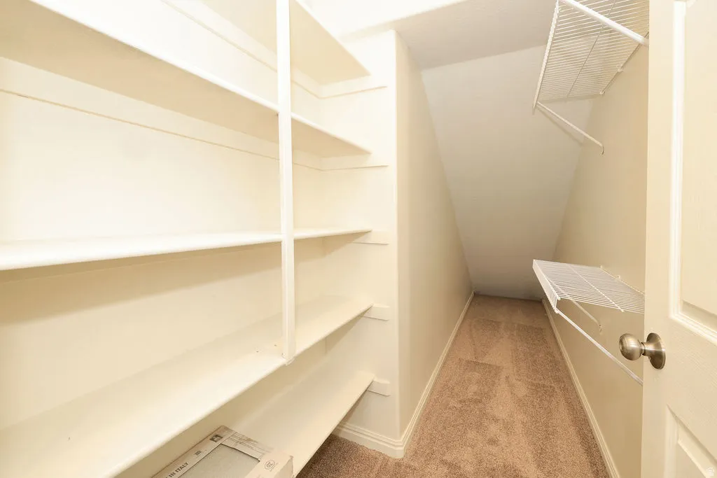 Storage area featuring built-in shelving, sloped ceiling, wire shelving, and carpeting