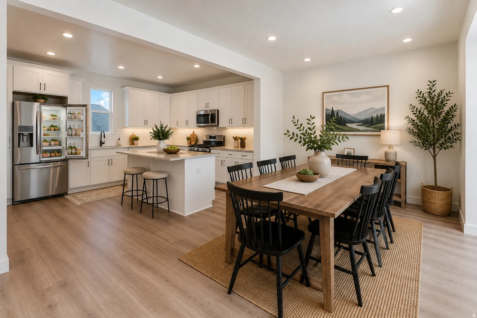 Open-concept kitchen and dining area featuring light-finish flooring, recessed lighting, and white cabinetry