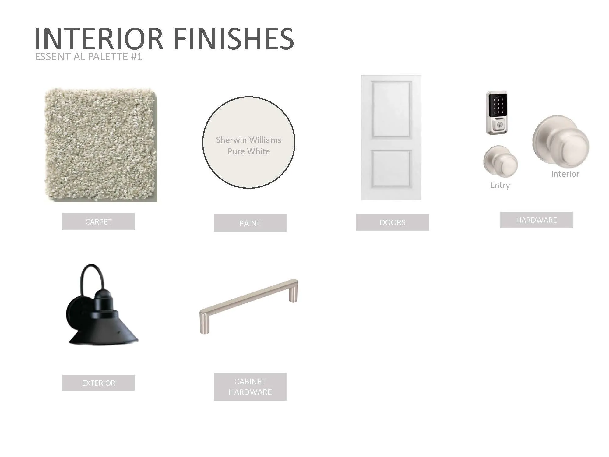 Interior Finishes, Essential Palette #1. Presenting a selection of materials and components for the property's interior and exterior elements