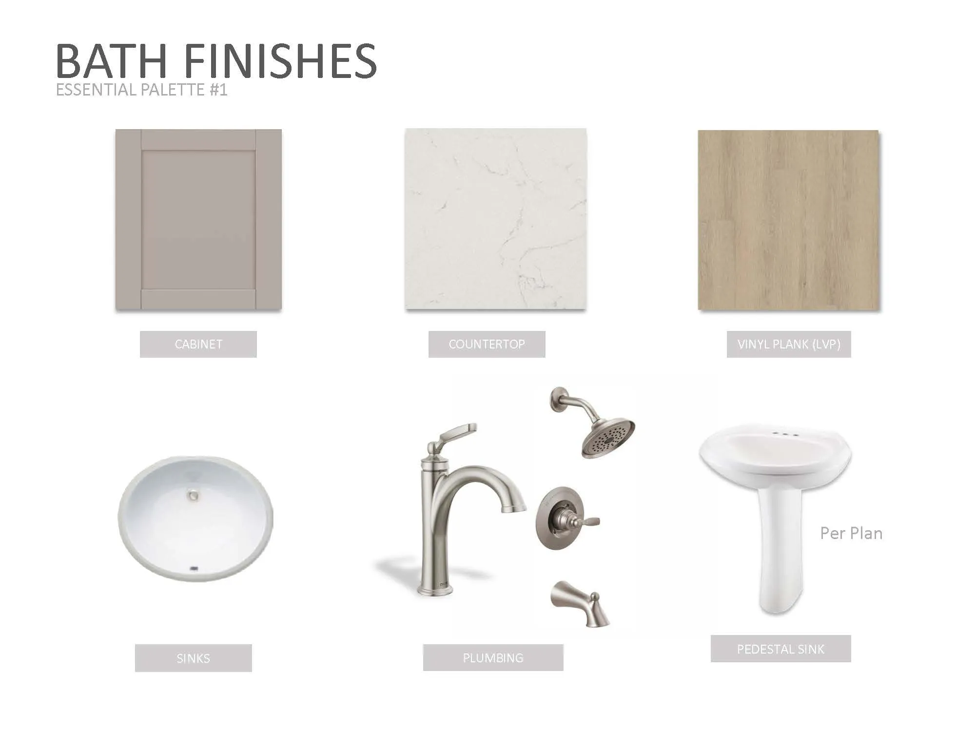 Bath Finishes, Essential Palette #1. Presenting a selection of materials and fixtures for the property's bath areas