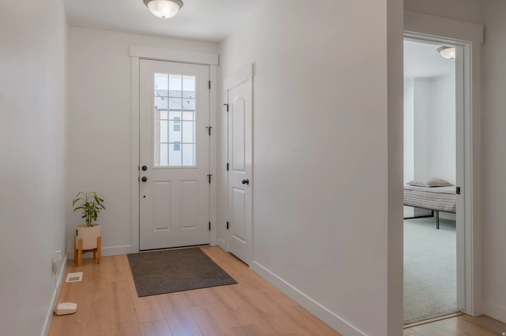Entryway featuring wood-finish flooring, a white paneled door with multiple glass lites, a white flush-mount ceiling light, and a white interior doorframe