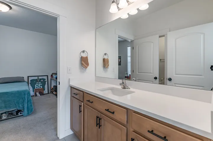 Bathroom vanity featuring light-toned cabinetry, a white countertop with an integrated sink, and an expansive wall-mounted mirror