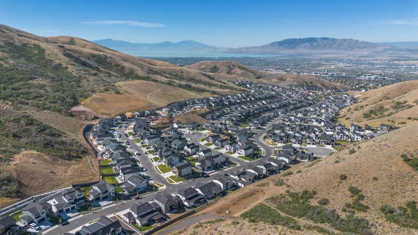 Aerial perspective of a developed residential community featuring numerous single-family homes