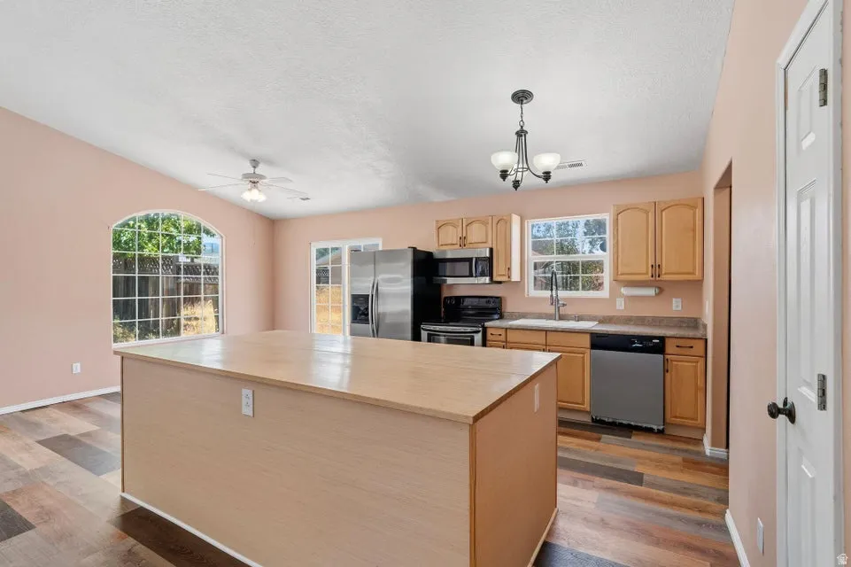 Open-concept kitchen and dining area featuring wood-finish flooring