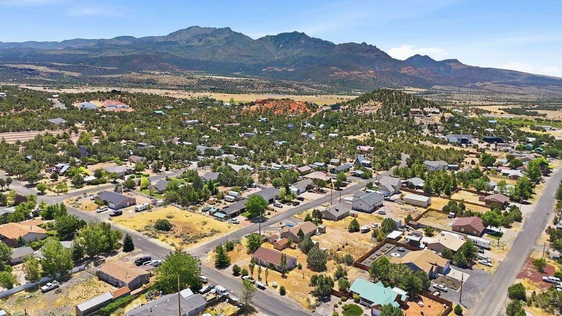 Expansive residential area featuring a diverse collection of homes, mature trees, and a mountain backdrop