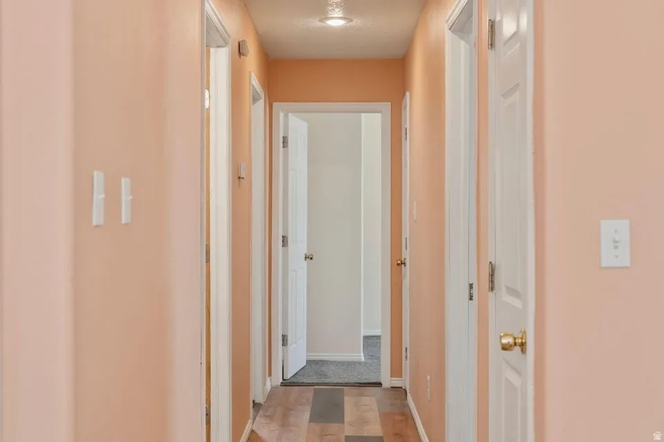 Hallway featuring wood-finish flooring, light peach painted walls, and multiple white panel doors with brass-toned hardware