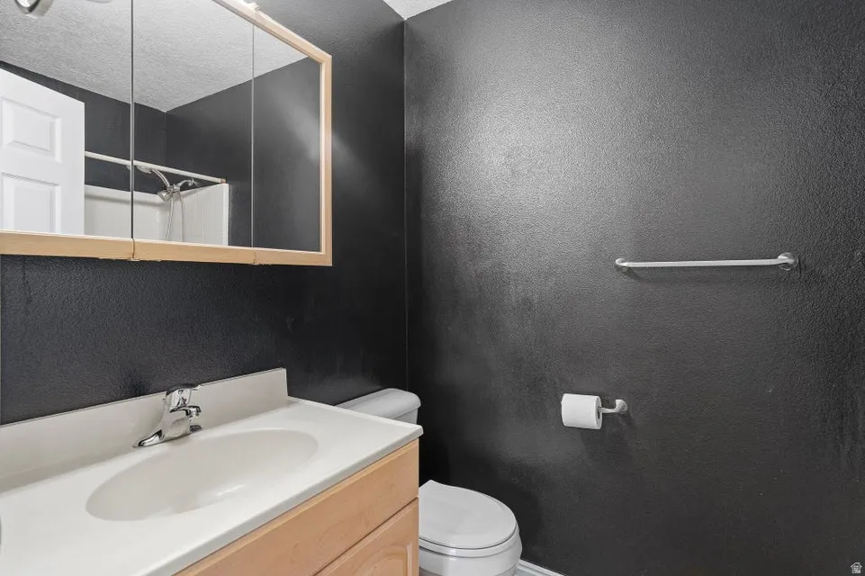 Bathroom featuring a vanity with a white basin and chrome faucet, a wall-mounted medicine cabinet with a light wood frame, and a white toilet