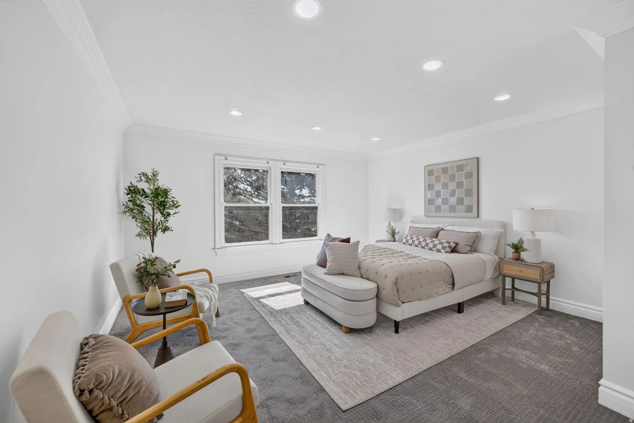 Spacious bedroom featuring recessed lighting, crown molding, a large window, and textured carpeting