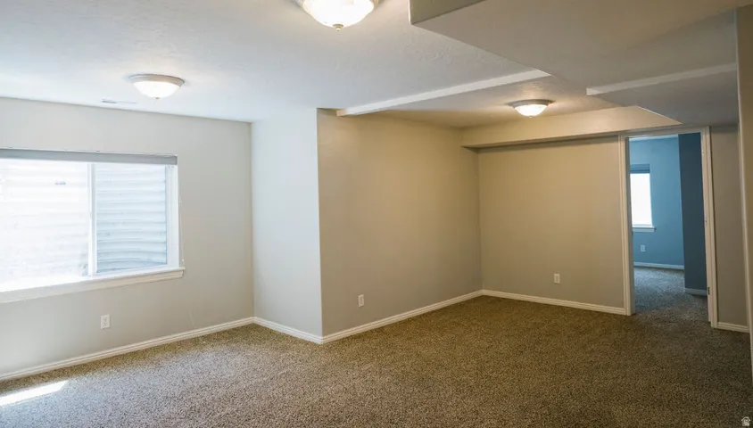 Carpeted room with neutral-toned walls, a window with horizontal blinds, and two flush-mount ceiling lights