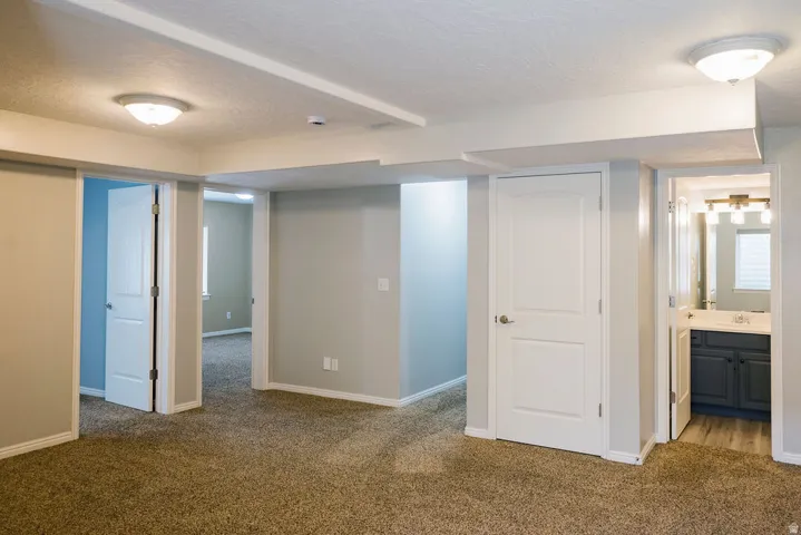 Carpeted floor with neutral wall tones and white trim