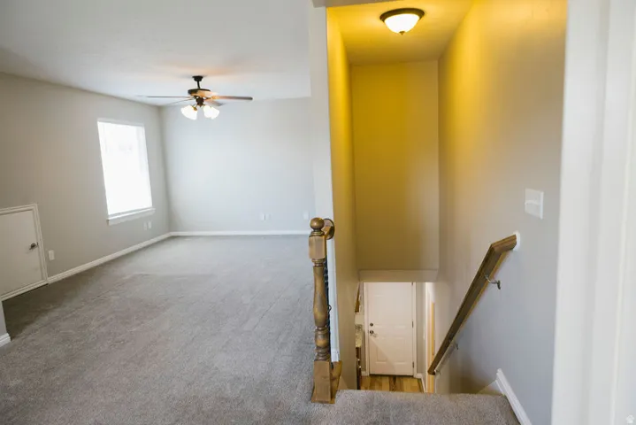 Carpeted living space with a ceiling fan, illuminated by natural light from a window