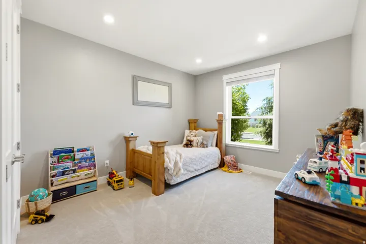 Bright room featuring light gray walls, recessed lighting, and soft carpet flooring