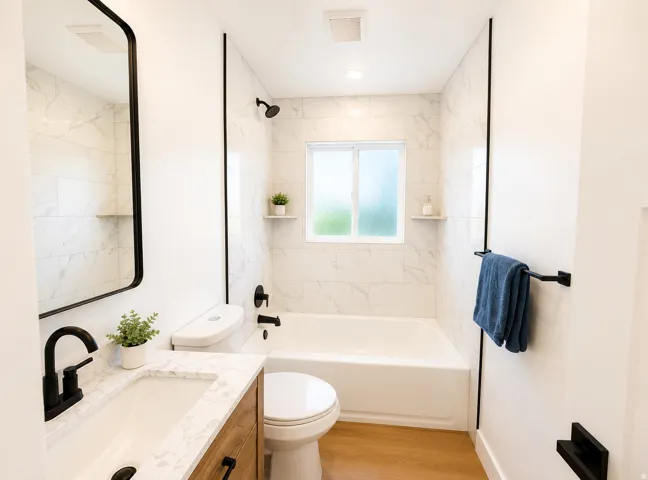 Bathroom featuring a wood-finish vanity with a white countertop and integrated sink, a deep soaking tub, and a toilet