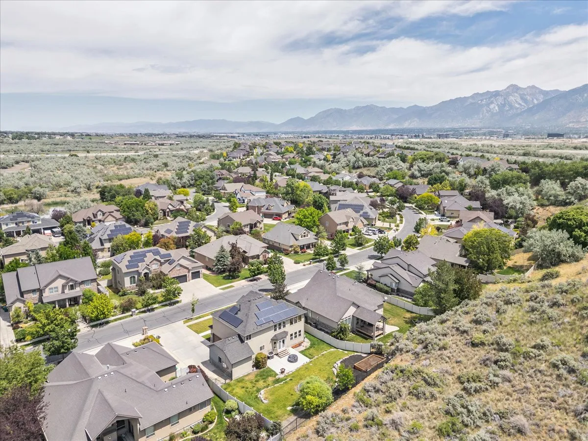 Expansive aerial view of a residential community with varied rooflines and established landscaping