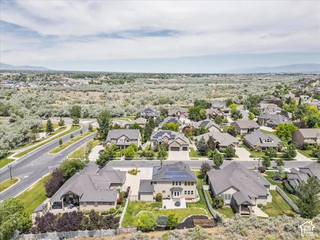 Aerial perspective showcasing a residential neighborhood with varied home styles and mature landscaping