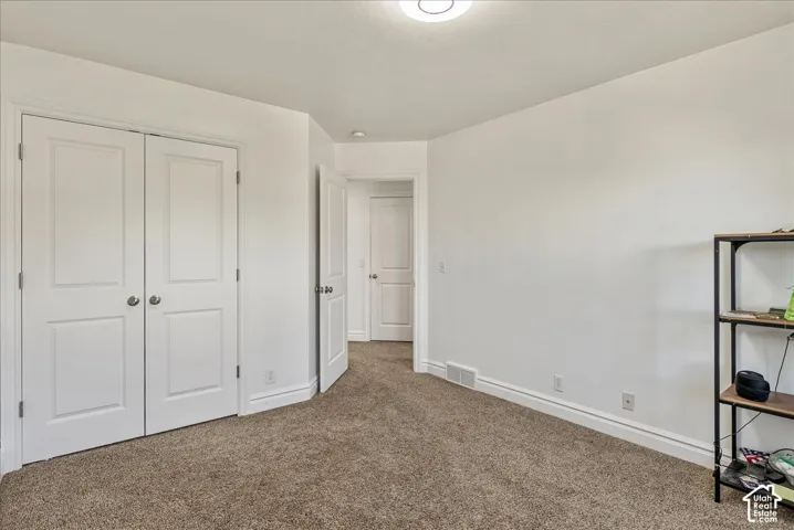Carpeted room featuring a double-door closet with paneling, white walls, white baseboards, and a flush-mount ceiling light