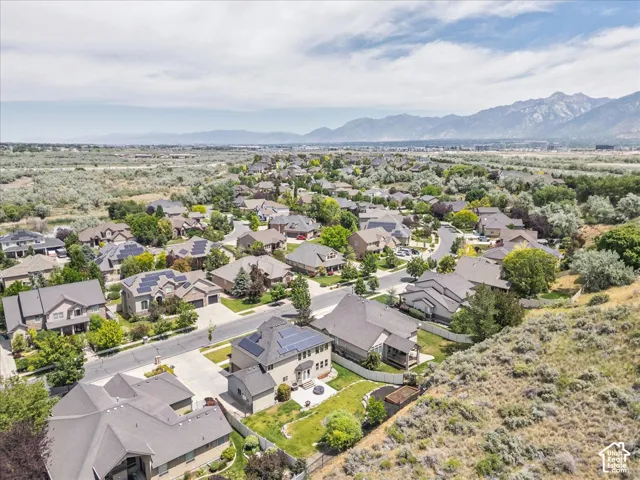 Expansive aerial view of a residential community with varied rooflines and established landscaping