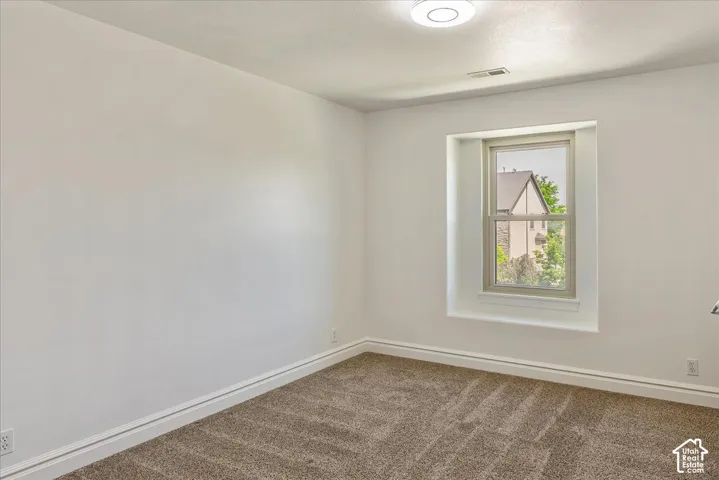 Bright room featuring a single window with white trim, tan carpet, white baseboards, and a flush-mount ceiling light