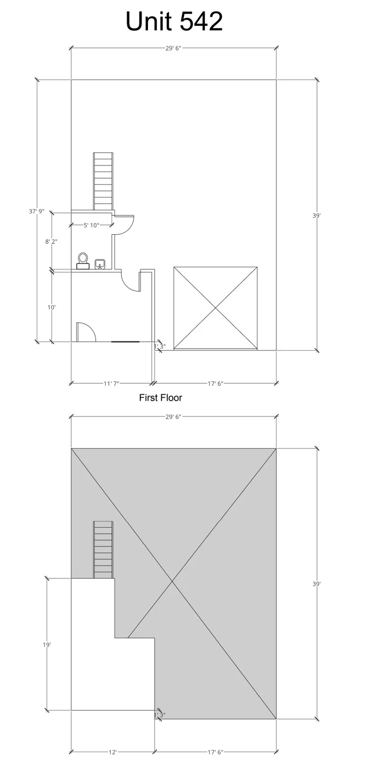 Floor Plans, Unit 542. Detailing the dimensional layout of the property's first floor and a subsequent level
