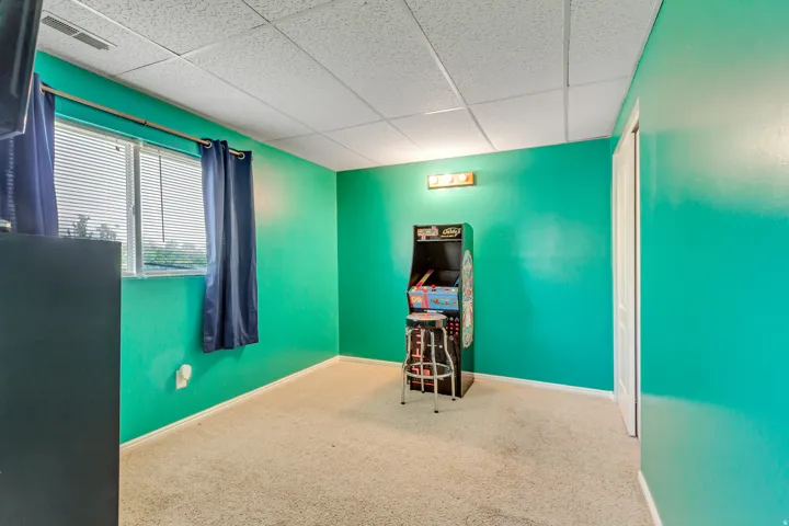 Room featuring a window with blinds, carpet flooring, and a drop ceiling