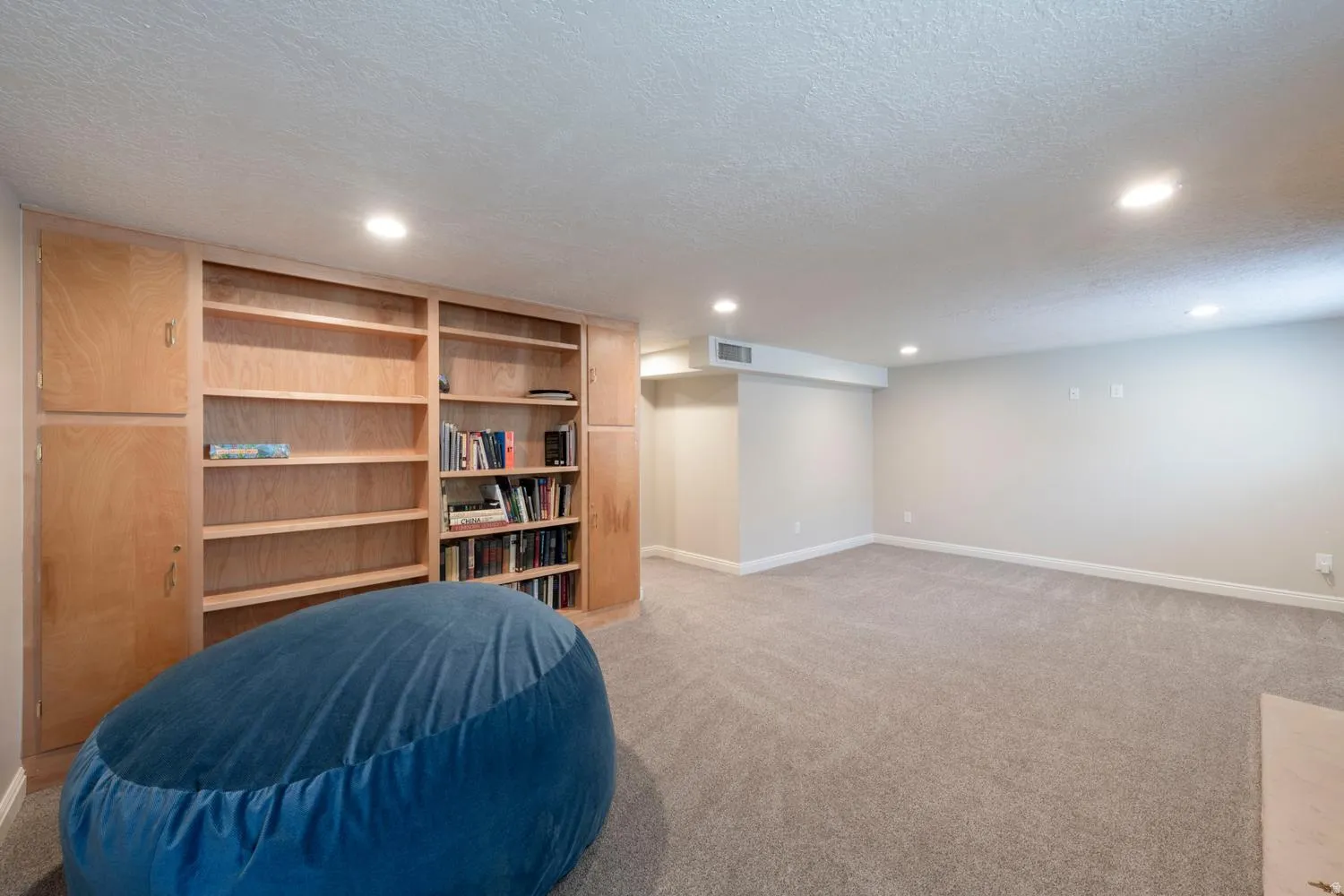 Spacious room featuring extensive shelving, neutral carpeting, recessed lighting, and light-toned wall finishes
