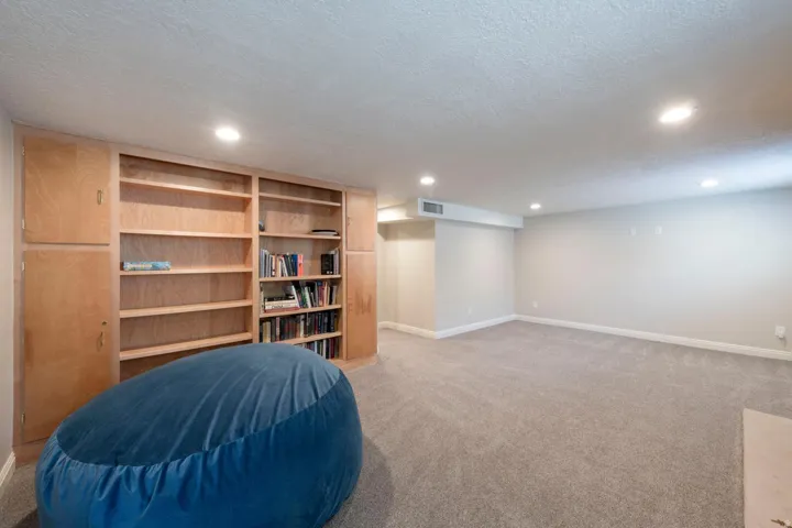 Spacious room featuring extensive shelving, neutral carpeting, recessed lighting, and light-toned wall finishes