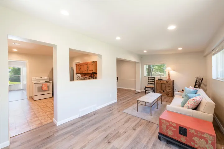 Family room accessing dining room and kitchen