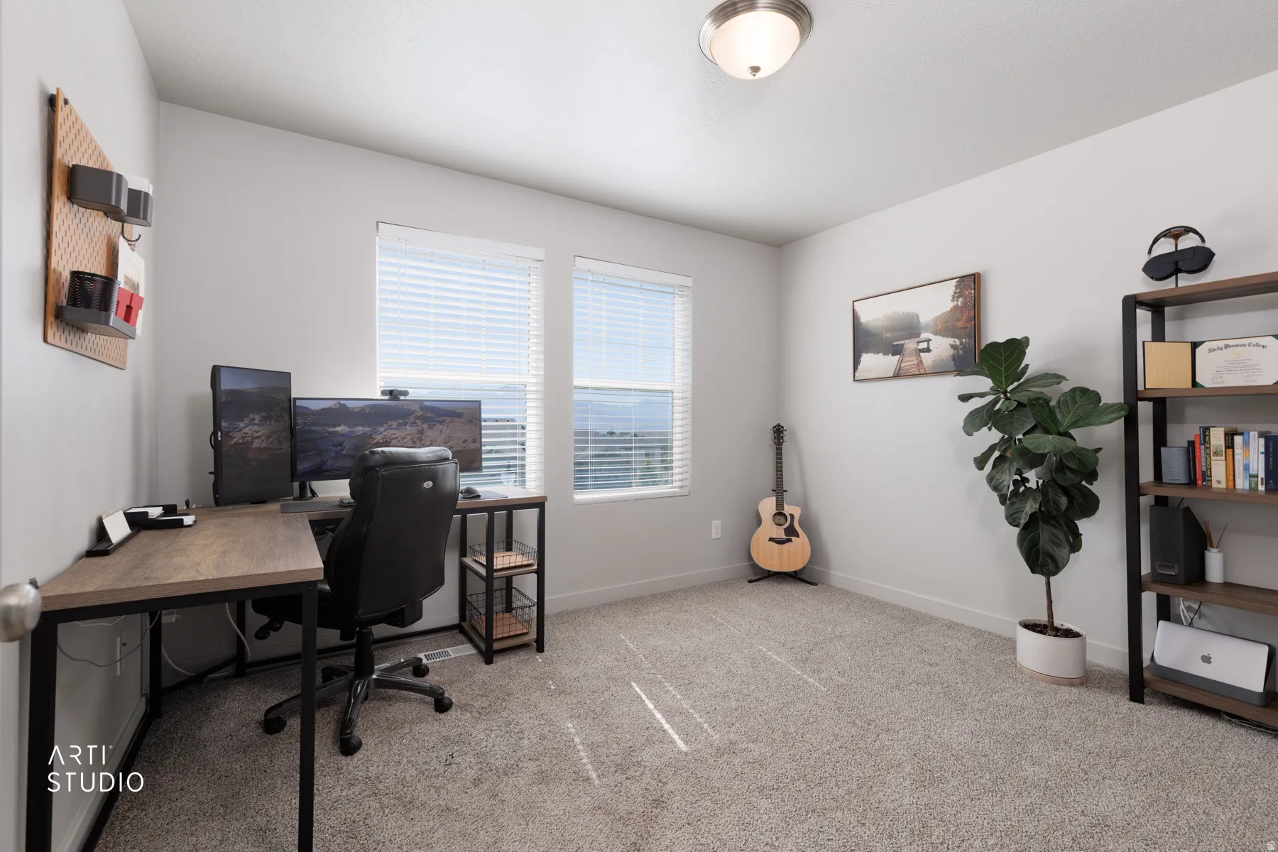 Carpeted room with light-toned walls and dual windows