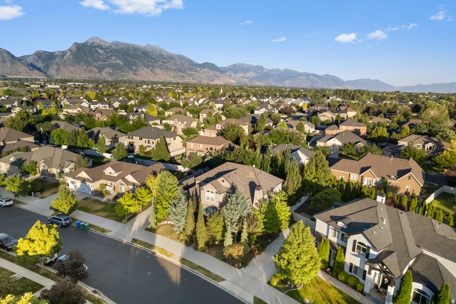 Expansive residential community featuring a variety of architectural styles, mature landscaping, and mountain backdrop