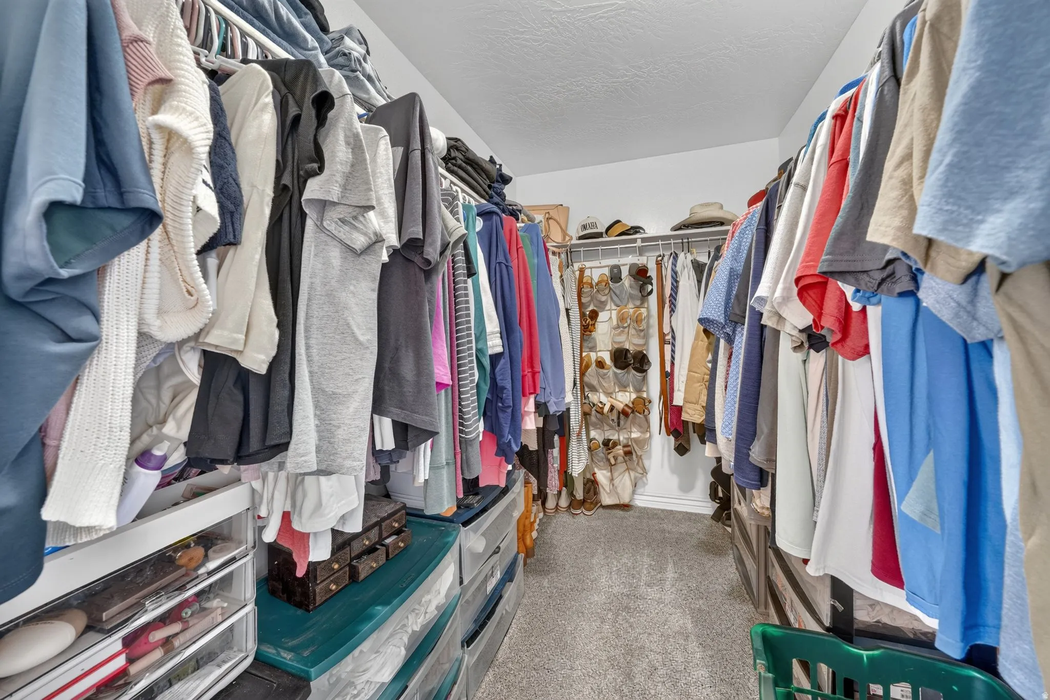 Walk-in closet with carpet flooring, white walls, and extensive hanging storage