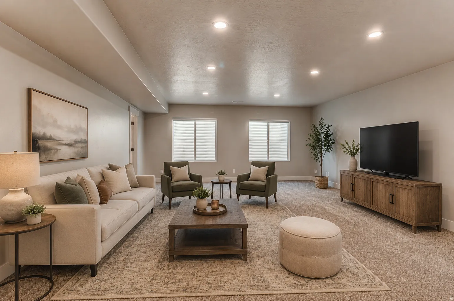 Recessed lighting illuminates this space featuring two windows with horizontal blinds, neutral wall tones, and a wood-finish media console