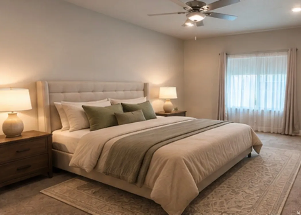 Recessed lighting, ceiling fan with integrated lighting, window with drapes and sheer coverings, and neutral wall tones
