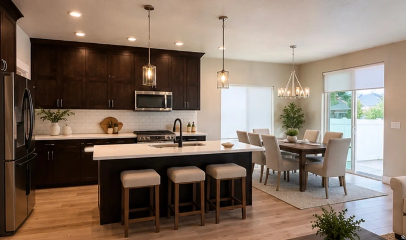 Kitchen featuring dark wood cabinetry, stainless steel appliances, a white subway tile backsplash, and a center island with counter seating