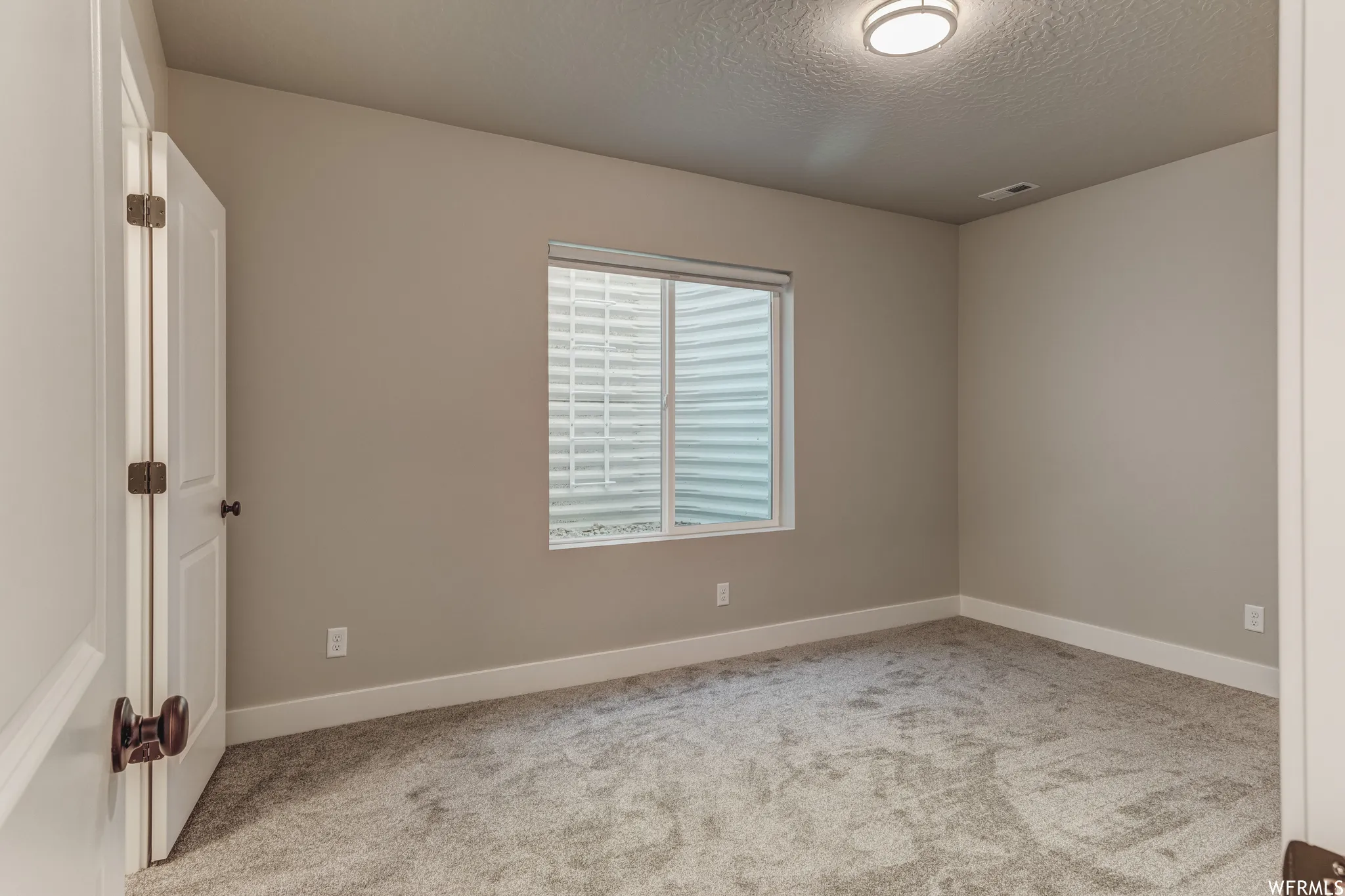 Neutral wall paint, white trim, gray carpeting, natural light, and a flush mount ceiling light fixture