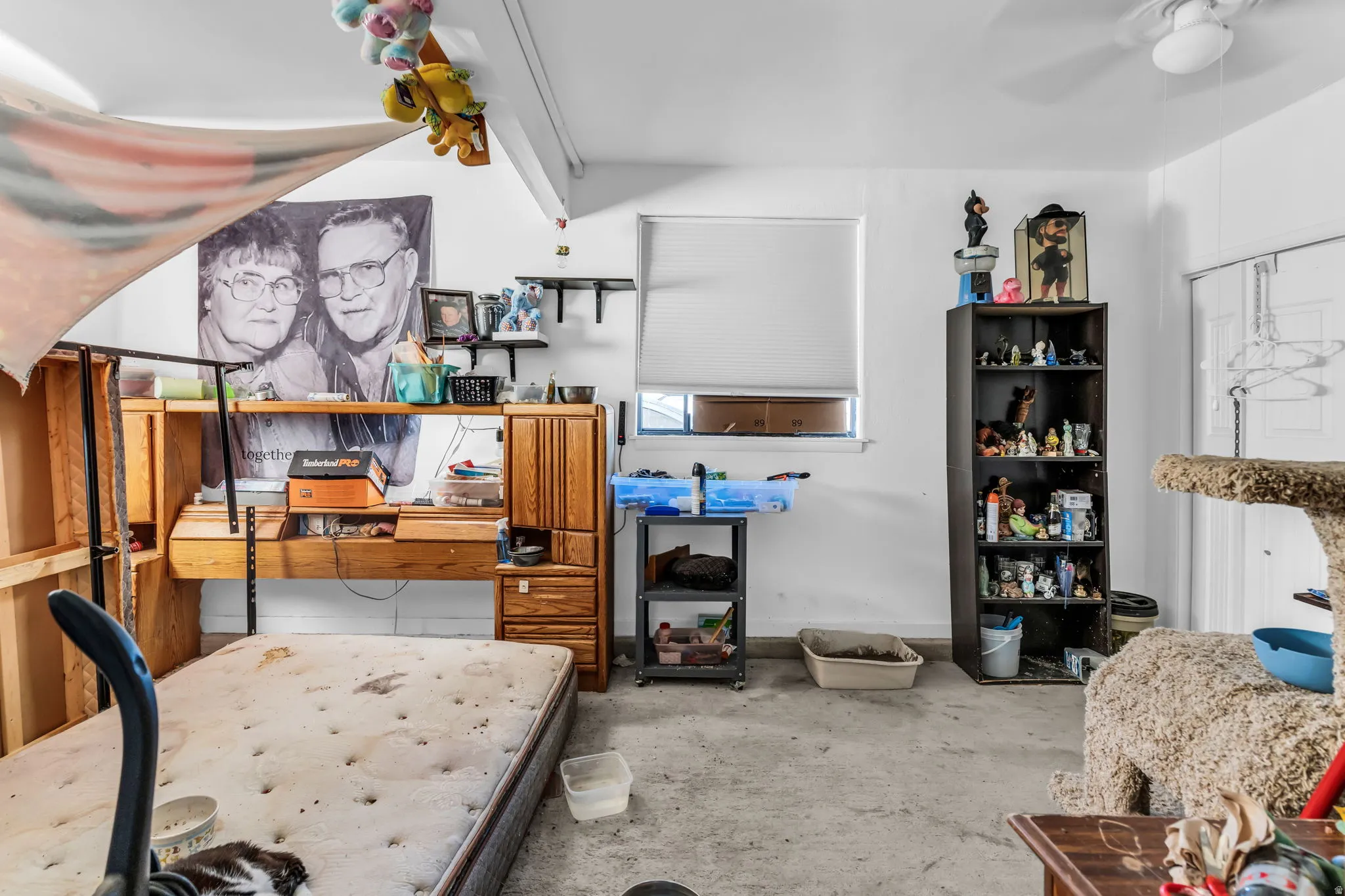 Concrete flooring with a single window, featuring a ceiling fan and a built-in shelving unit
